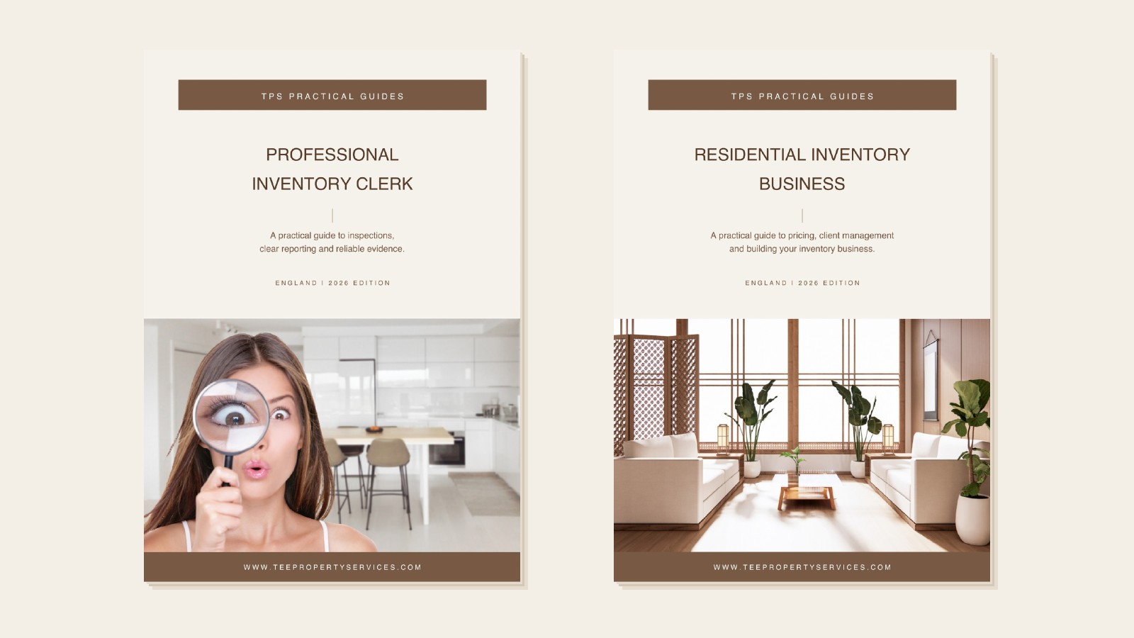TPS Practical Guides: Professional Inventory Clerk and Residential Inventory Business guide covers side by side.
