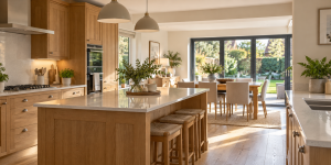 Freshly cleaned modern home interior with warm oak flooring and neutral furnishings